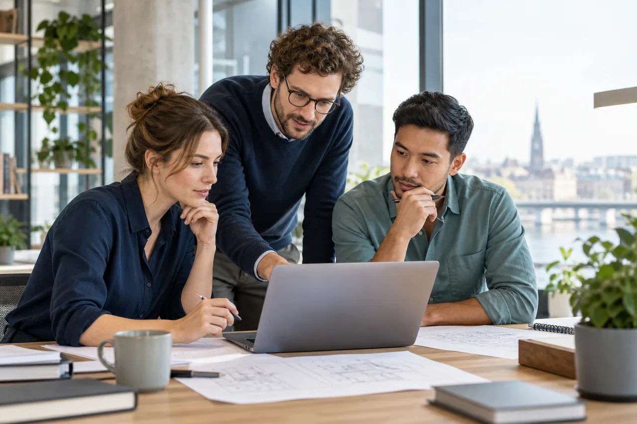 Three professionals review documents together at a notebook.